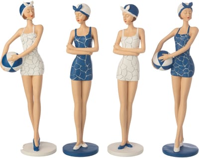 J-Line decoratie Vrouwen Badpak Ballon - polyresin - blauw/wit - set van 4