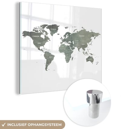 ® Glasschilderij 90x90 cm - Schilderij acrylglas - Wereldkaart - Waterverf - Wereld - Foto op glas - Muurdecoratie woonkamer - Wanddecoratie slaapkamer - Schilderijen