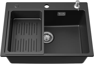 Cecipa max Spoelbak Keuken - Composiet Gootsteen Zwart - Inclusief Afdruiprek & Zeepdispenser - Opbouw Wasbak - 60 x 45 x 20 cm