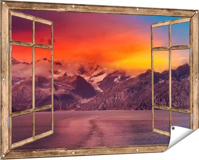 Gards Tuinposter Doorkijk Meer bij de Bergen bij Zonsondergang - 150x100 cm - Tuindoek - Tuindecoratie - Wanddecoratie buiten - Tuinschilderij