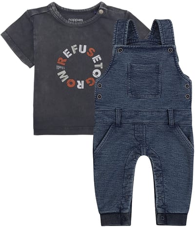 Dirkje - Noppies - Kledingset - Basic Collection - BIO COTTON - Jogging Tuinbroek Indigo Blauw - Shirt Minonk Korte Mouw Asphalt - Maat 68