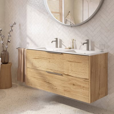 Saqu Lima badmeubel incl. dubbele glans witte keramische wastafel 120x51x61cm eiken marcato – rvs greep