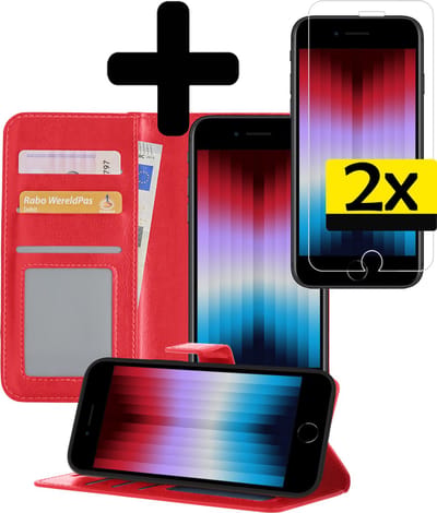 Hoesje - Met 2x Screenprotector - Geschikt voor Apple iPhone SE (2022) - Luxe Pasjeshouder - Bookcase Portemonee - Flip Case - Kunstleer Book Case - Flipcase Hoes - Book Cover - Walletcase - Portemonneehoes - Telefoonhoesjes - Rood