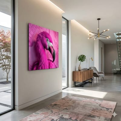 Glasschilderij Flamingo Portret - Moderne Wanddecoratie Roze Vogel - Luxe Wandkunst voor Woonkamer & Slaapkamer - 40x40 cm - Premium Veiligheidsglas
