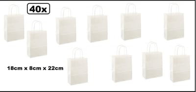 40x Koordtas papier wit 18cmx8cmx23cm - goodiebag|papieren|draagtas|tas|koord|festival|kado|themafeest|party|geschenken