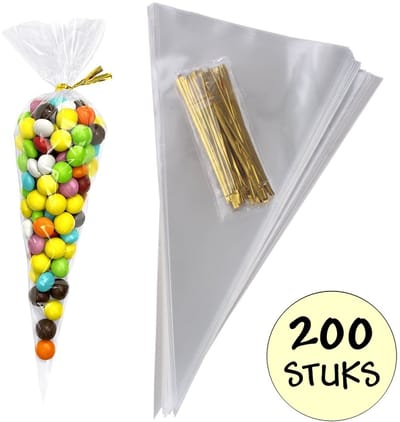 200x Cellofaan Puntzakken 25x13 cm - Puntzak Doorzichtig - Traktatie Zak - Snoepzak - Inclusief Sluitstrips - 13x25 cm - 200 Stuks