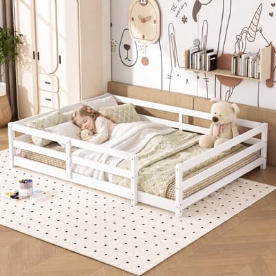 HAUSS SPOLE Montessori Vloerbed 140x200cm - Kinderbed Met 4-Zijdige Omranding Zonder Matras - Inclusief Lattenbodem - Grenenhout - Wit