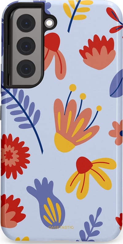Casetastic hoesje geschikt voor Samsung Galaxy S22 - Dubbellaagse bescherming - Bloemenwind - Fashion Case - Lichtblauw Terracotta Geel