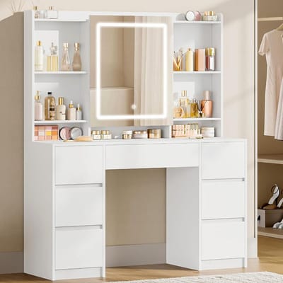 Sierra, Kaptafel met Verlichting, Kaptafel met Grote LED-Spiegel, Verstelbare Helderheid, met 7 Lades, 4 Planken Voor Slaapkamer, Opbergruimte Achter de Spiegel, Wit DT43203XEU