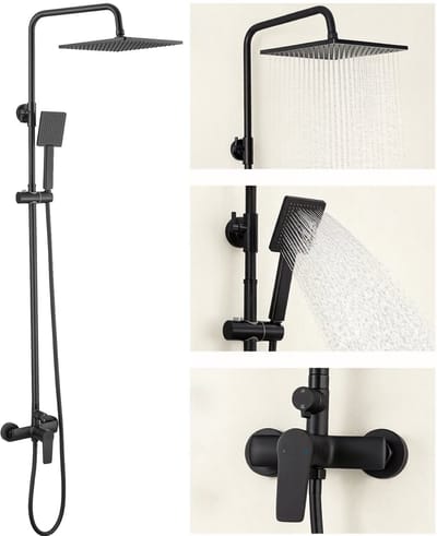 Auralum max Regendouche met Douchekraan - Doucheset Zwart - 10 inch Douchekop - Vierkant Design - Hoogte Verstelbaar 93-130 cm - Regendoucheset - Waterbesparend - Zwart