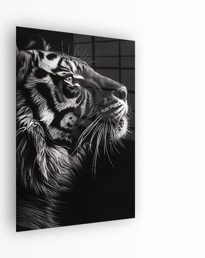 Indoorart - Glasschilderij Tijger Zwart Wit 40x60 CM - Afbeelding op plexiglas - Inclusief montagemateriaal