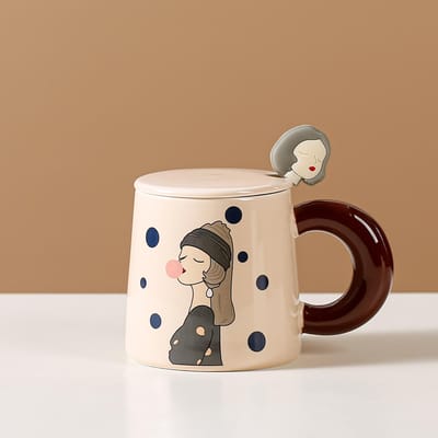 Cartoon Keramische Kop met Deksel Lepel Moderne Meisjes Mok Creatieve Contrasterende Kleur Ontbijtkop Huishoudelijke Waterkop Koppels Kop 301-400ml