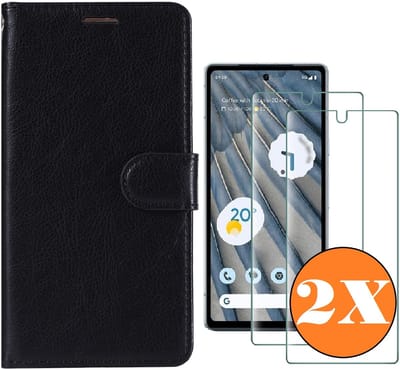 Hoesje geschikt voor Google Pixel 7A hoesje Zwart pasjeshouder telefoon hoes - Met screenprotector tempered glass voor Google Pixel 7A - 2x