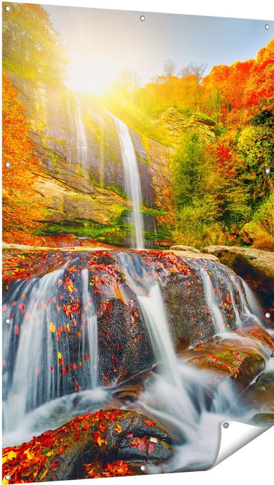 Gards Tuinposter Waterval in de Herfst Kleuren - 100x150 cm - Tuindoek - Tuindecoratie - Wanddecoratie buiten - Tuinschilderij