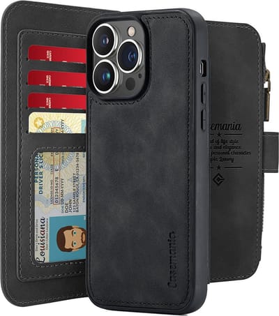 CaseMania Bookcase hoesje geschikt voor Apple iPhone 15 Pro - Effen Zwart - Kunstleer - Portemonnee met 14 Vakjes voor Pasjes en Ritsvak