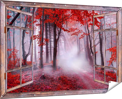 Gards Tuinposter Doorkijk Rood Bos met Bomen - 180x120 cm - Tuindoek - Tuindecoratie - Wanddecoratie buiten - Tuinschilderij