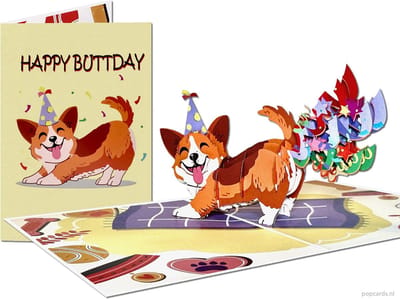 Popcards pop-up kaart - Supergrappige verjaardagskaart met lachend confetti hondje Happy buttday! Gefeliciteerd met je Verjaardag pop-up kaart 3D wenskaart
