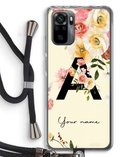 Gepersonaliseerd - Case Company® - Hoesje met koord geschikt voor Xiaomi Redmi Note 10 Pro hoesje met Koord - Flirty Flowers Monogram - Telefoonhoesje met Zwart Koord - Bescherming aan alle Kanten en Over de Schermrand