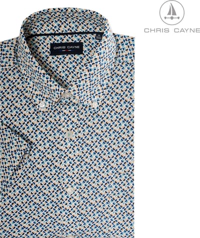 Chris Cayne heren overhemd - M - groen/zand/donkerblauw - korte mouwen - geprint - borstzak