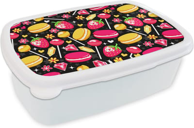 Broodtrommel Wit - Lunchbox - Brooddoos - Snoep - Patroon - Aardbei - 18x12x6 cm - Volwassenen