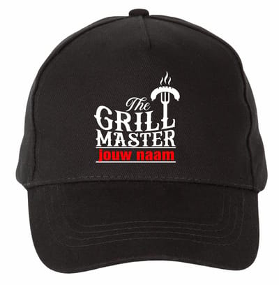 Mijncadeautje - 5 panel - BBQ Cap - Verstelbaar - Pet van 100% dik geborsteld katoen- unisex - opdruk wit - GRill Master - met voornaam - Zwart