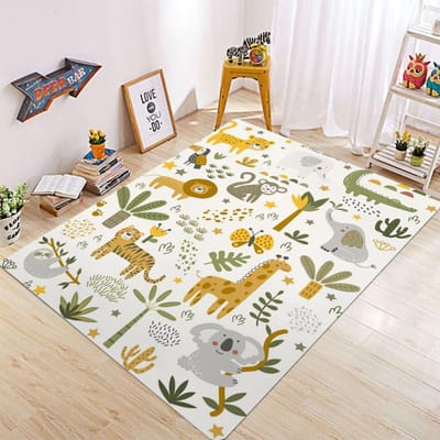 Tapijt met print van tropische dieren Slaapkamergebiedskleed Draaibaar vloerkleed voor computerstoel Woonkamer Cartoon Kinderkamer Vloerkleed 50x80cm