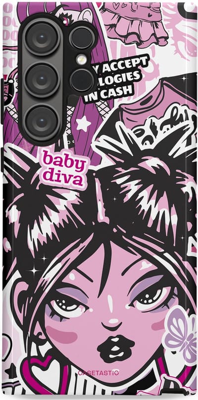 Casetastic hoesje geschikt voor Samsung Galaxy S23 Ultra - Dubbellaagse bescherming - Roze Y2K Pop Teen Girly Cash Diva Collage - Fashion Case - Grijs Donkergrijs Wit Lichtroze