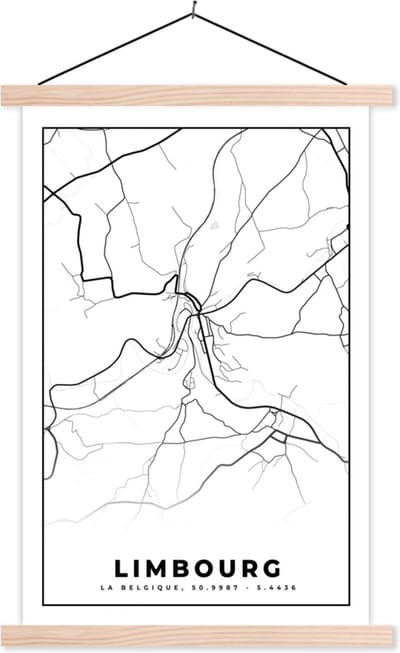 Posterhanger incl. Poster 40x60 cm - Schoolplaat - Stadskaart – Plattegrond – België – Zwart Wit – Limbourg – Kaart - Textielposter - Blanke latten - Stadskaart