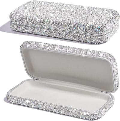 Harde brillenkoker met bling voor vrouwen, past op de meeste brillen en zonnebrillen, zilver, M, trendy en stijlvol ontwerp