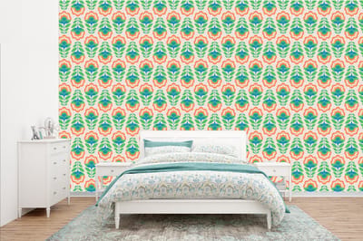 Behang - Fotobehang Retro - Bloemen - Design - Groen - Oranje - Breedte 385 cm x hoogte 240 cm