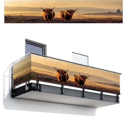 Balkonscherm 500x100 cm - Balkonposter Schotse hooglanders - Heide - Landschap - Dieren - Balkon scherm decoratie - Balkonschermen - Balkondoek zonnescherm