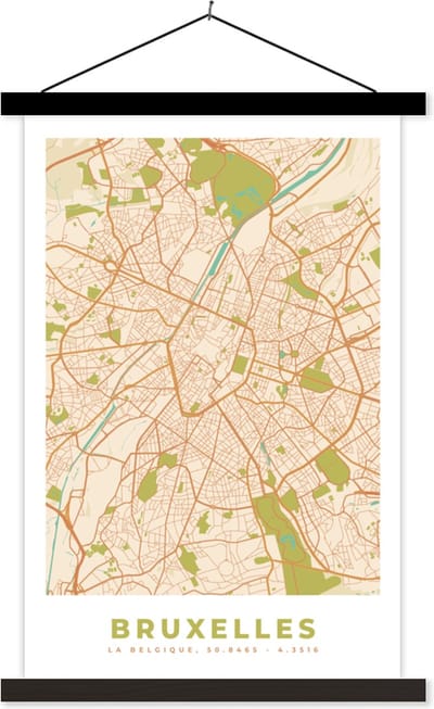 Posterhanger incl. Poster 40x60 cm - Schoolplaat - Kaart - Plattegrond - Vintage - Brussel - Stadskaart - Textielposter - Zwarte latten - Stadskaart