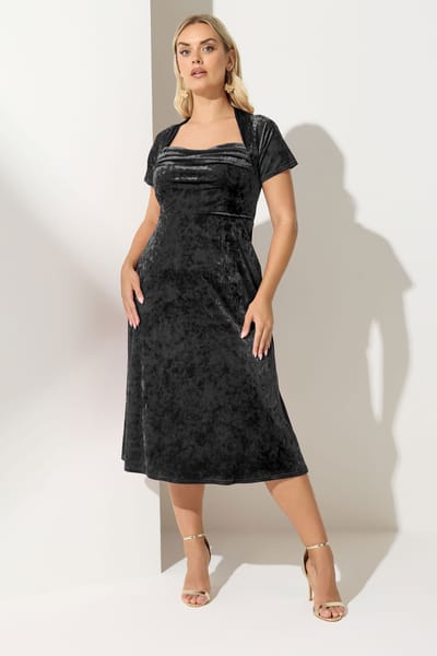 Yours London Zwarte Fluwelen Midijurk Met Vierkante Hals Size 44