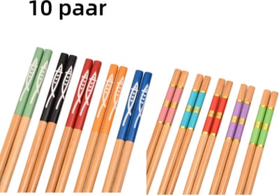 10 paar - Bamboe eetstokjes - Kleurrijk bedrukte eetstokjes - Serveerstokjes - Eetstokjes voor hotpot thuis/in hotels - 24 cm - Natuurlijke houtkleur