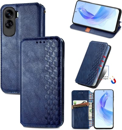 Luxe PU Lederen Ruitpatroon Wallet Case + Screenprotector voor Honor 90 Lite_ Blauw