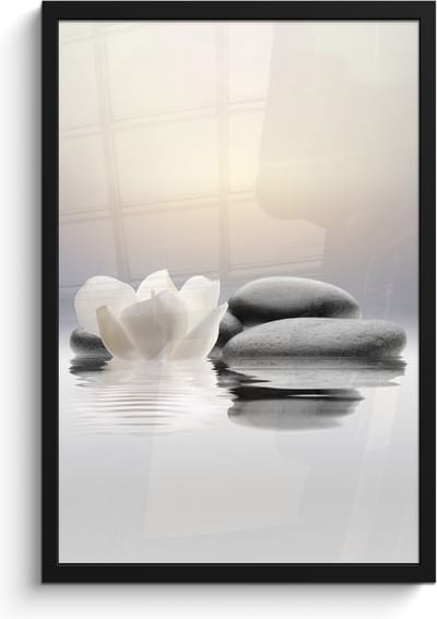 Poster in lijst - Fotolijst 40x60 cm - Posters - Stenen - Lotus - Wit - Water - Zen - Posterlijst zwart - Wanddecoratie badkamer - Muurdecoratie WC - Decoratieve accessoires - Toilet muur decoratie
