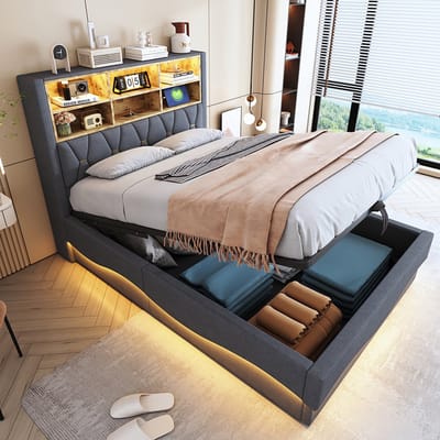 Komhtom Gestoffeerd bed 140×200 met hydraulische opbergruimte LED-lichtstrip bedienbaar via app USB-poort voor opladen Metalen lattenbodem Linnen bekleding Grijs.