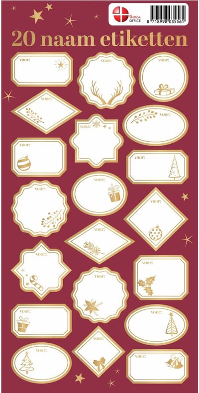 Benza Kerst Naam Etiketten – 20 zelfklevende stickers – goud/wit – ca. 4×4 cm – vel 14×29 cm