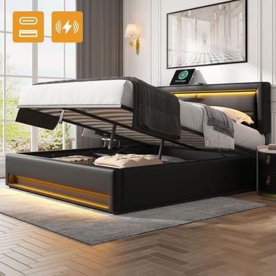 SINGULARITY-Lit rembourré 140 x 190 cm- met USB-poort- met LED éclairage en space de rangement- sans matelas- PU-Lychee design- grijs- zonder matras