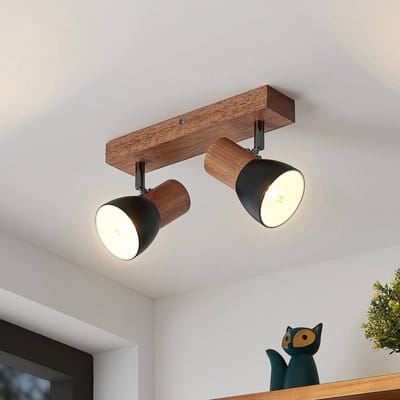 Lindby - buitenspot - 2lichts - staal, rubberboomhout - H: 14.5 cm - E14 - zwart, licht hout