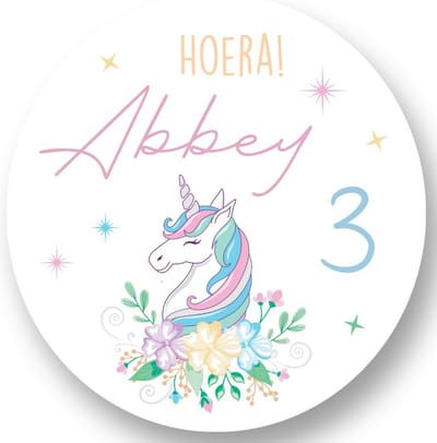 20x Unicorn Stickers met Naam en Leeftijd - Traktatiestickers - Verjaardag Eenhoorn - Unicorn - Gepersonaliseerd - Sluitstickers - Kinderfeest Traktatie - Uitdelen - Uitdeeltraktatie - Wensetiket - Rond - 40mm - Glossy sticker