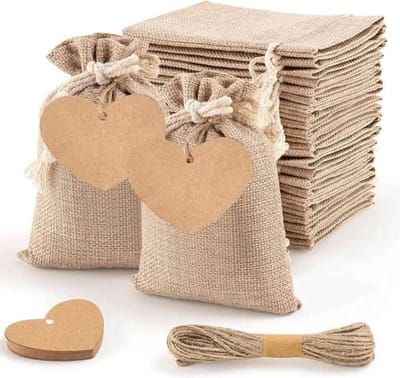 25Jute giftbags met hartvormig kraft kaartje aan jute touw - traktatie - tractatie - bedankje - zakje - jute - give-away - kaartje - kraft