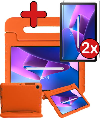 Hoesje - Geschikt voor Lenovo Tab M10 Plus (3e / 3rd Generatie) - Met 2x Screenprotector - Kinderhoes - Shockproof Bumper - Kidsproof Case - Tablethoes - Kinder Hoes Cover - Oranje
