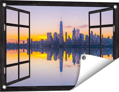 Gards Tuinposter Doorkijk New York Skyline bij Zonsopgang - 60x40 cm - Tuindoek - Tuindecoratie - Wanddecoratie buiten - Tuinschilderij