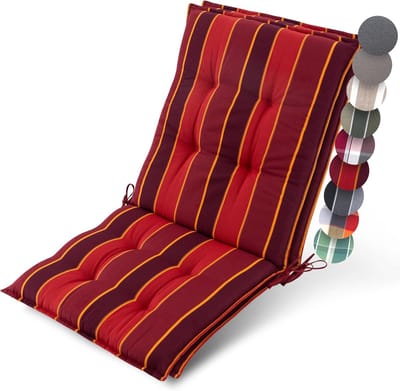 Beautissu Sun-NL – Set van 2 Premium Lage Rugleuning Kussen 100x50 cm UV-bestendig & 8cm Dik Kussen Tuinstoelkussen Antislip Bevestigingsbanden – Stevige Stof Rood Gestreept