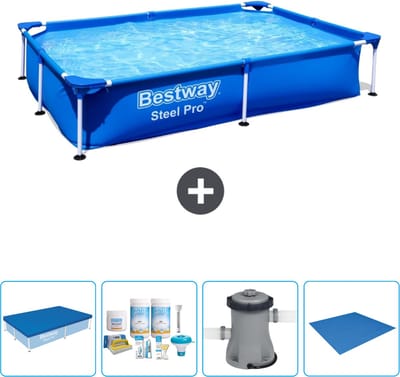 Bestway Rechthoekig Steel Pro Zwembad - 221 x 150 x 43 cm - Blauw - Inclusief Afdekzeil - Onderhoudspakket - Pomp - Grondzeil
