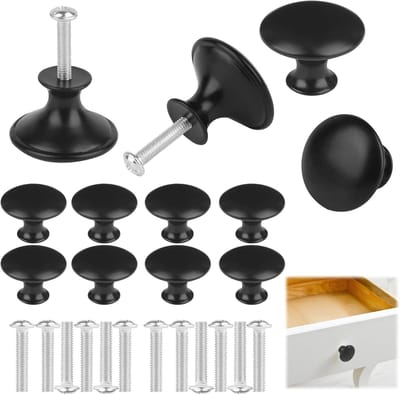 Meubelknoppen Set - Kastknoppen Roestvrij Staal - 12 Stuks 30 mm - Zwarte Ronde Vintage Design - Voor Lades Kasten Deuren - Matzwart