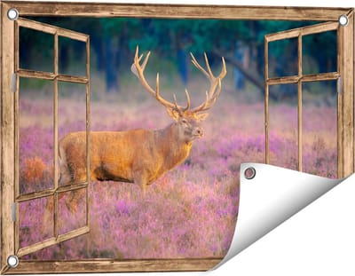 Gards Tuinposter Doorkijk Hert in de Weide tijdens Zonsondergang - 60x40 cm - Tuindoek - Tuindecoratie - Wanddecoratie buiten - Tuinschilderij