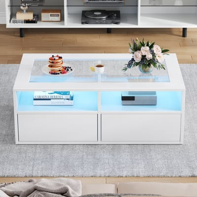 MODFU Salontafel - Met Ledverlichting En 2 Lades - Modern - Voor Woonkamer - Glas En Spaanplaat - Wit - 100 X 50 X 35 Cm