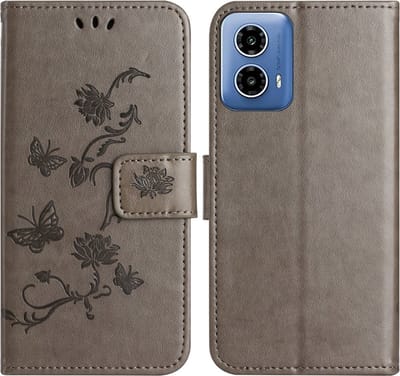 Coverup Hoesje - Geschikt voor Motorola Moto G35 Hoesje - Coverup Bloemen & Vlinders Book Case - Taupe Grijs
